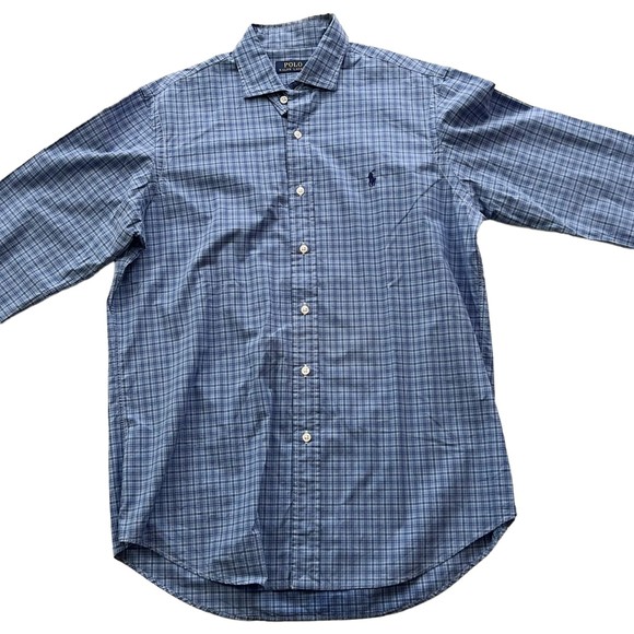 Polo Ralph Lauren Blue Small Plaid Long Sleeve Button Front Men's Shirt Sz M - Picture 3 of 13